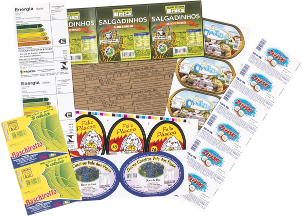 Etiquetas e rótulos adesivos para alimentos, bebidas, etc